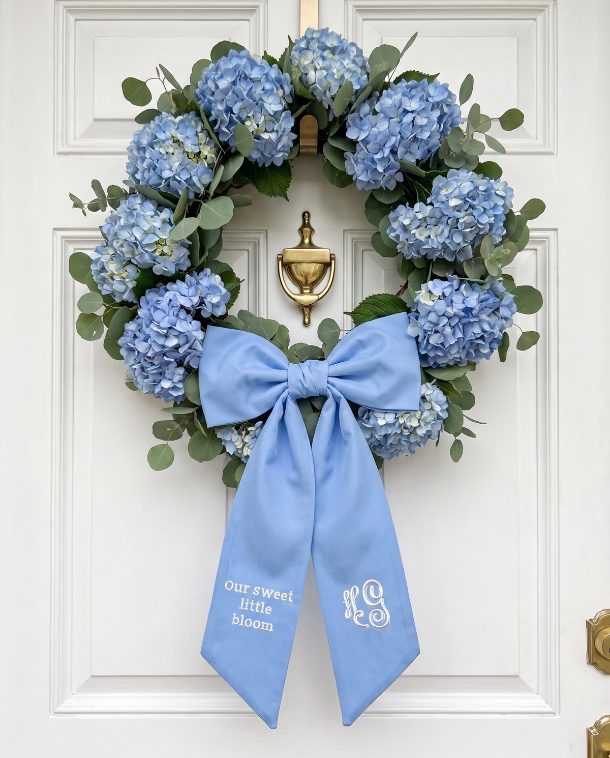 Embroidered Newborn Bow Sash in Sky Blue