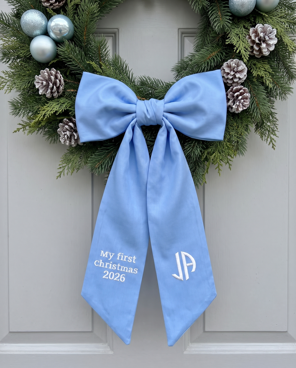 Embroidered Newborn Bow Sash in Sky Blue