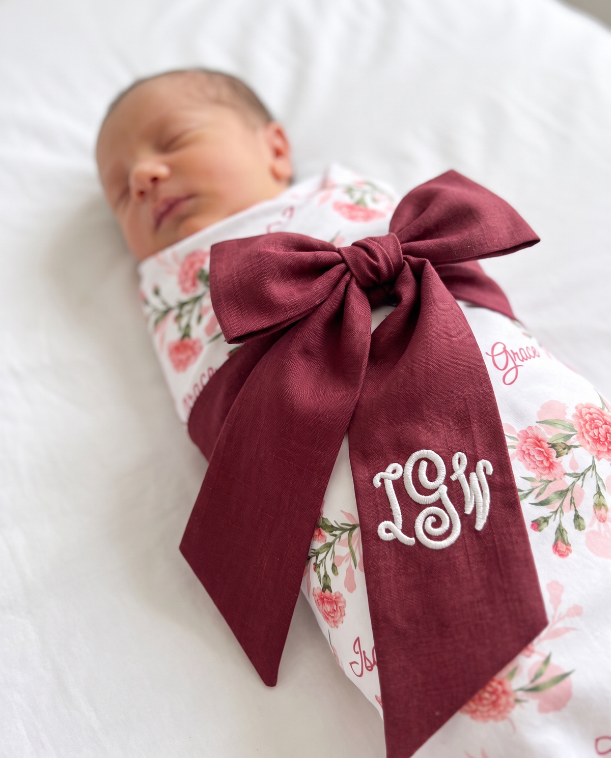 Embroidered newborn bow sash in burgundy