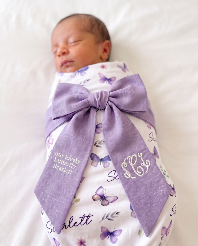 Embroidered newborn bow sash in lavender