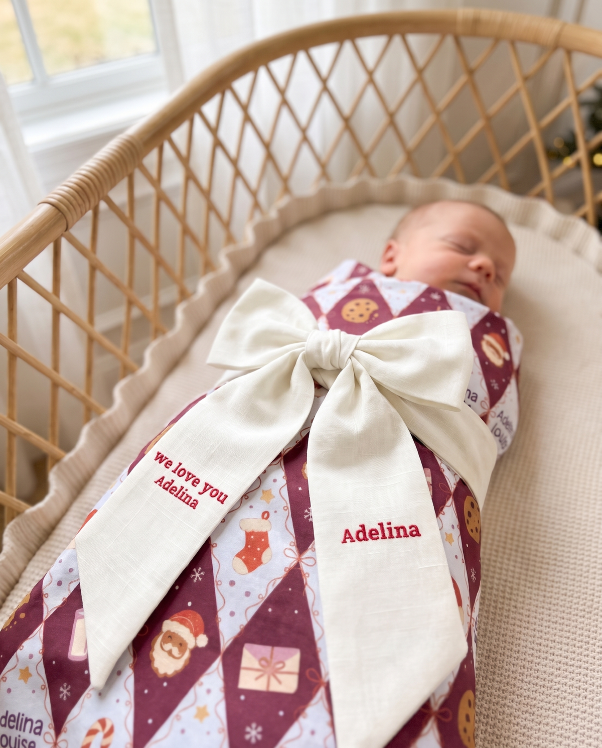 Embroidered Newborn Bow Sash in Milk White