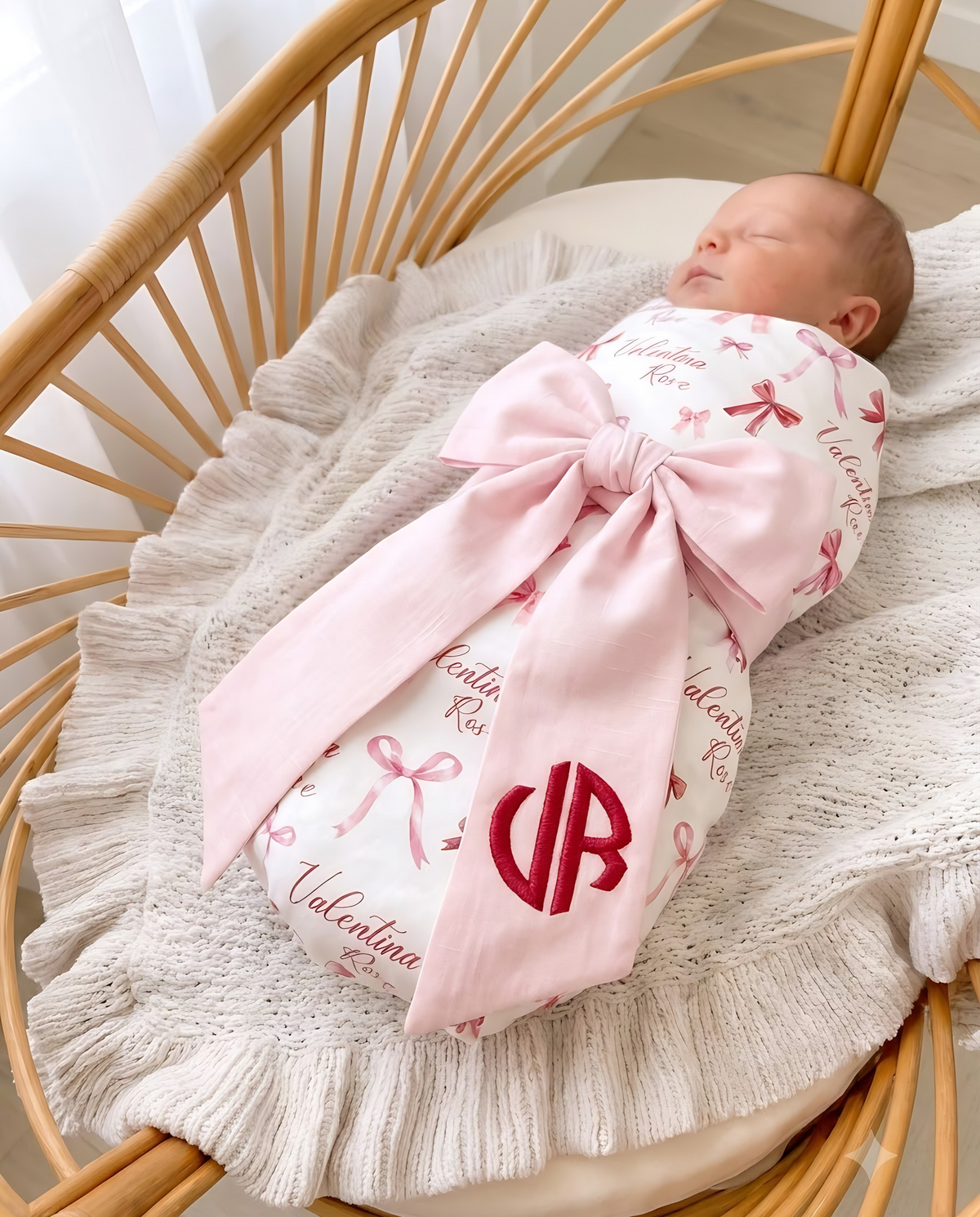 Close view of the light pink bow sash and red monogram on a swaddled newborn