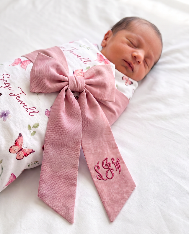 Embroidered newborn bow sash in rose pink