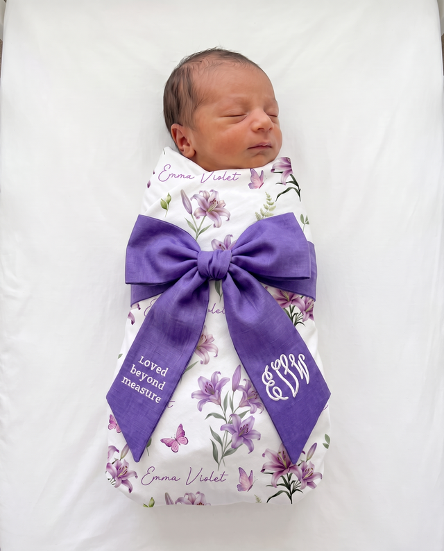 Embroidered Newborn Bow Sash in Royal Violet