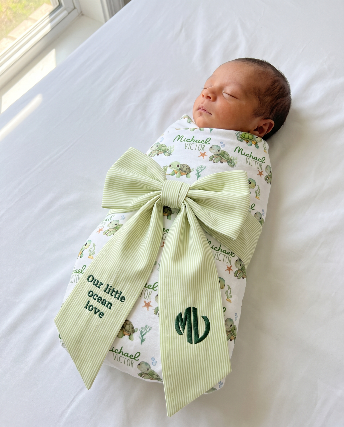 Embroidered Newborn Bow Sash in Striped Green
