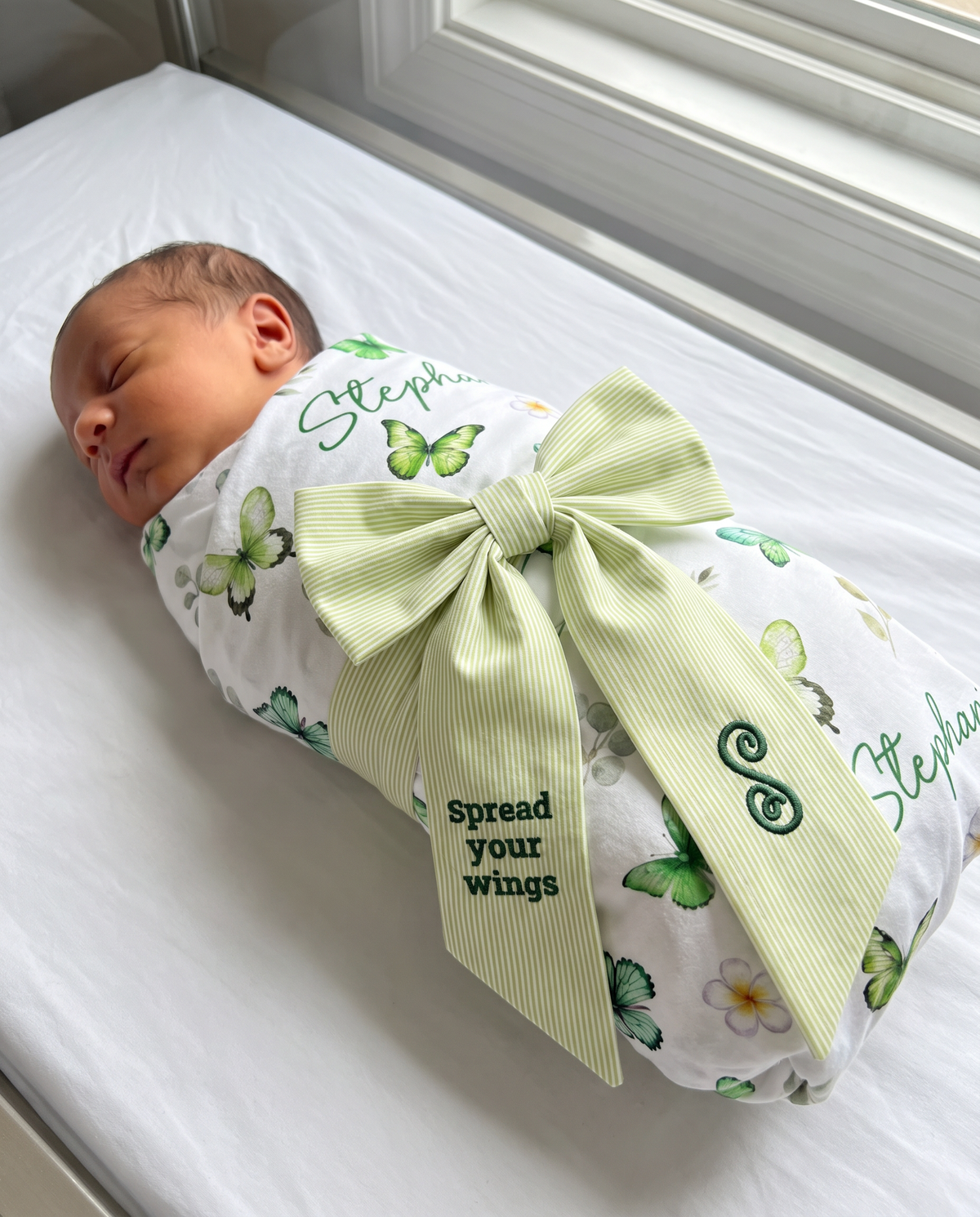 Embroidered Newborn Bow Sash in Striped Green