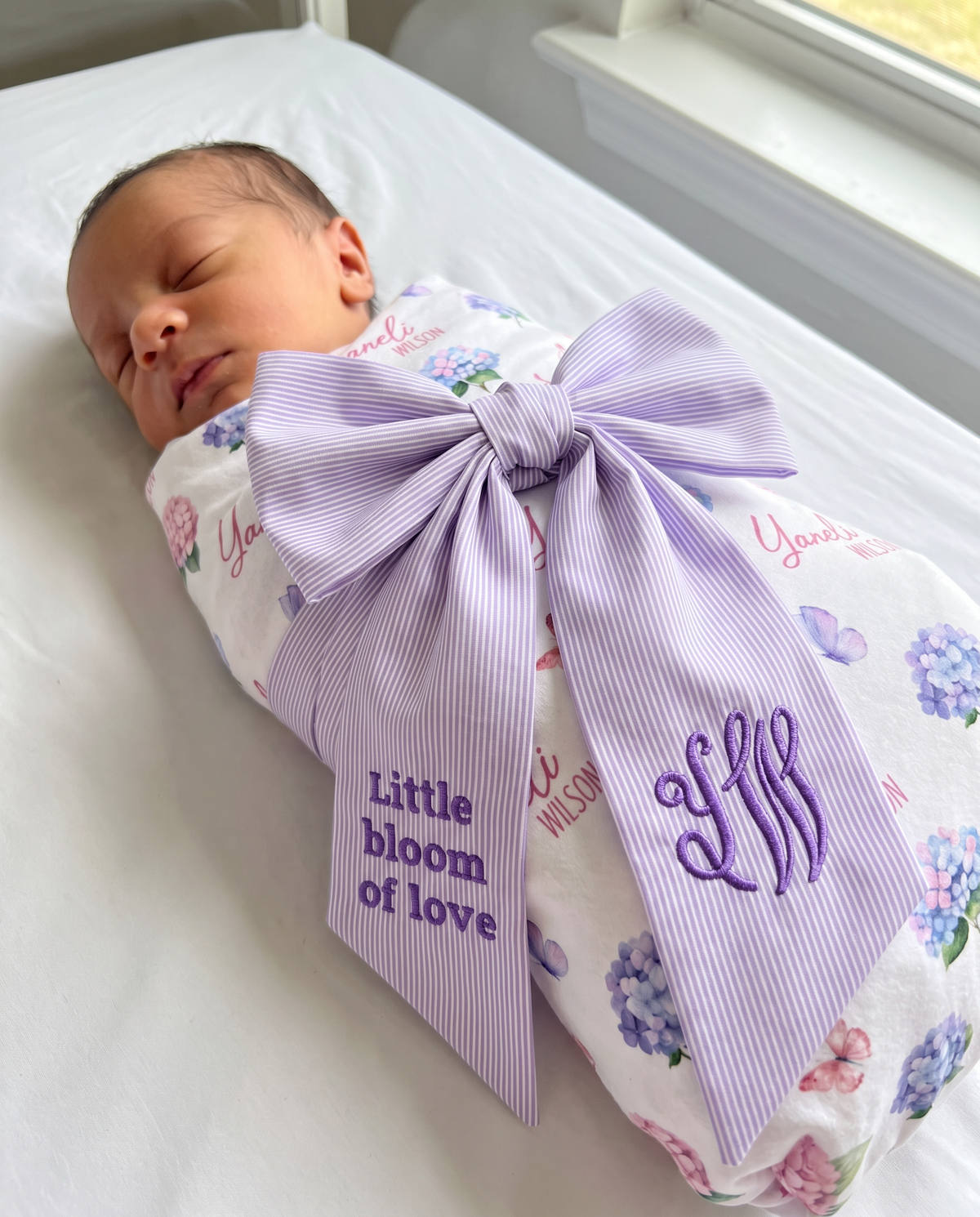 Embroidered Newborn Bow Sash in Striped Lavender