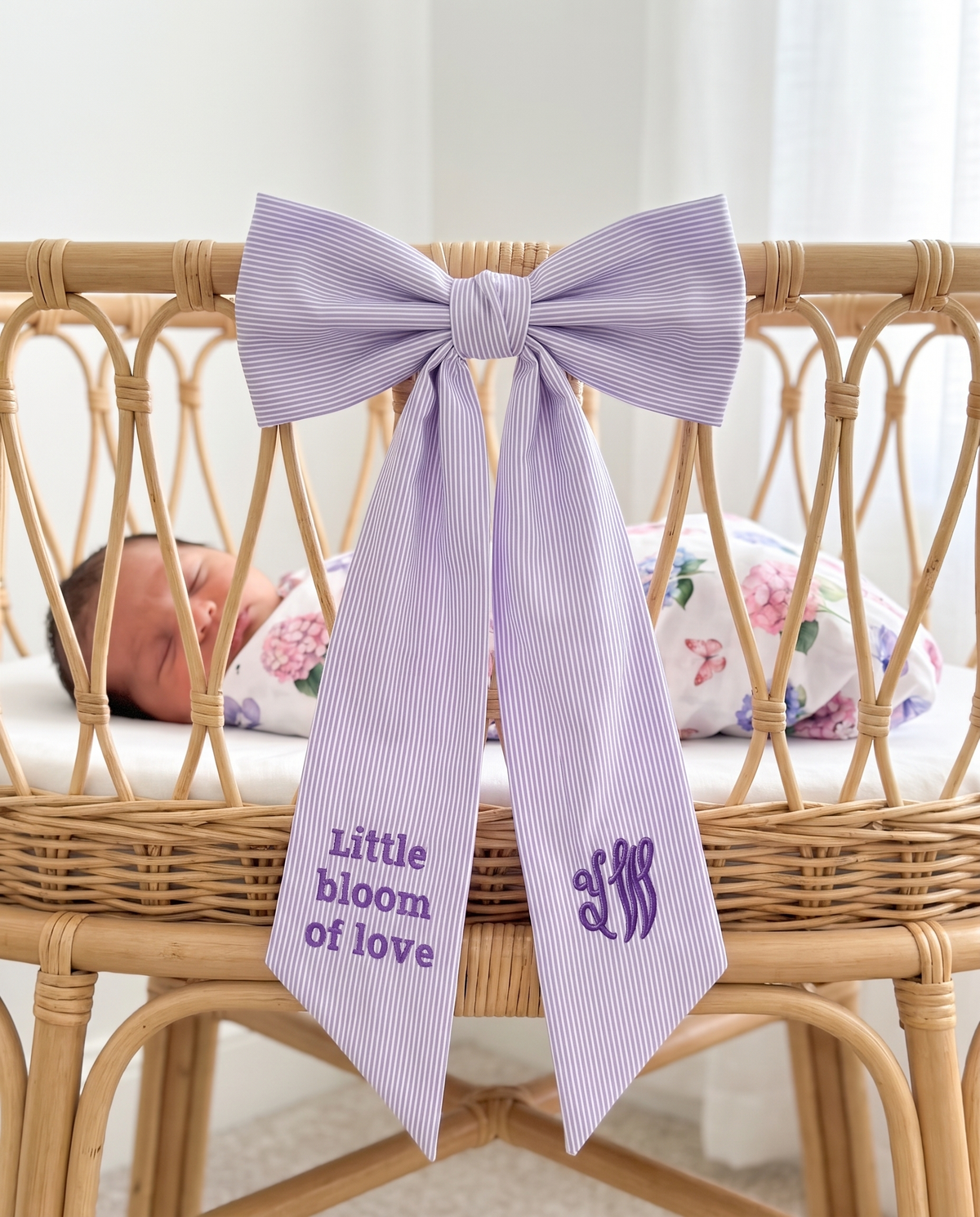 Embroidered Newborn Bow Sash in Striped Lavender