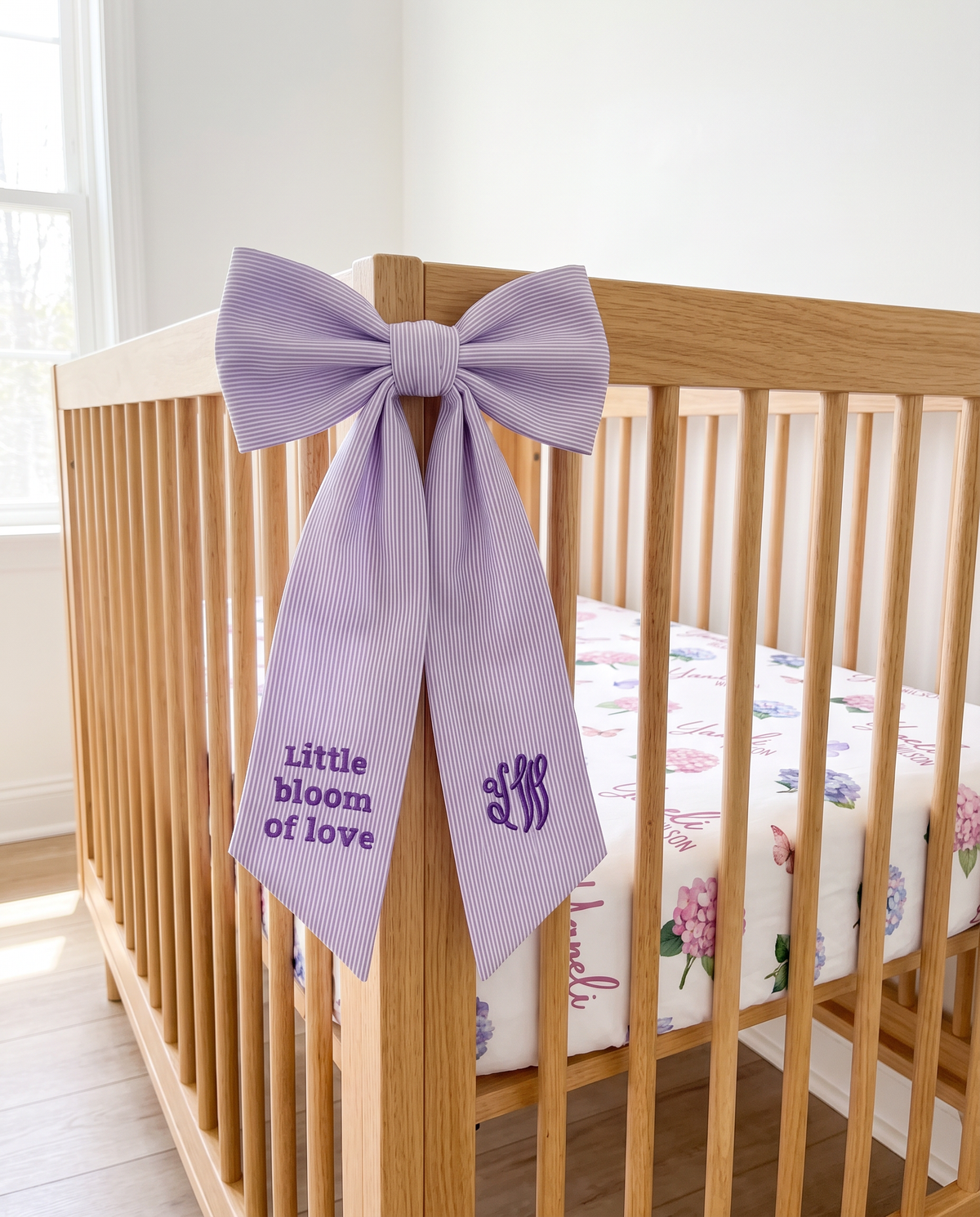 Embroidered Newborn Bow Sash in Striped Lavender