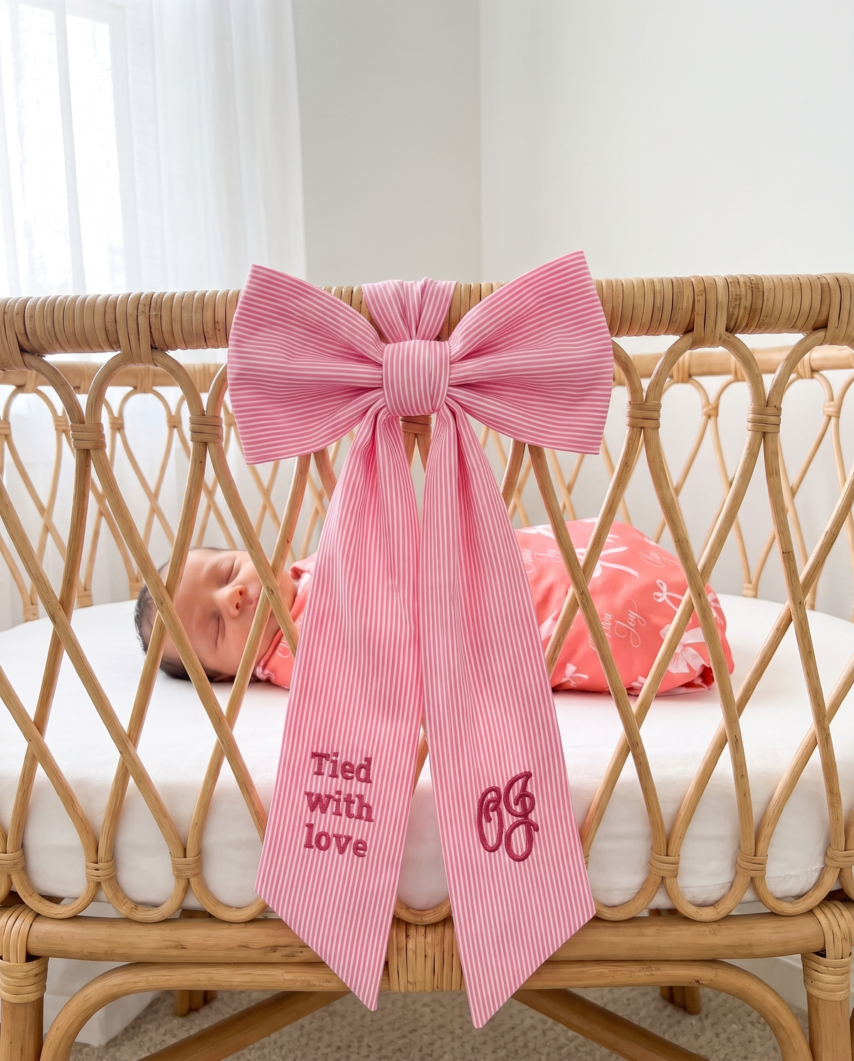 Embroidered Newborn Bow Sash in Striped Pink