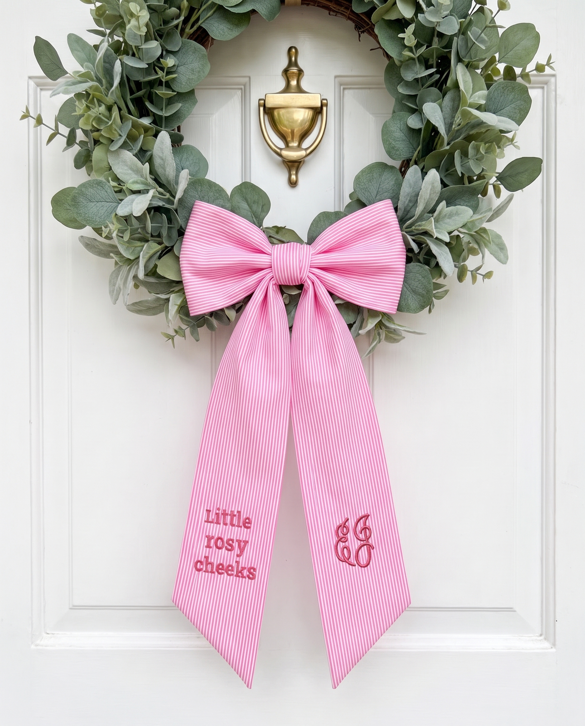 Embroidered Newborn Bow Sash in Striped Pink