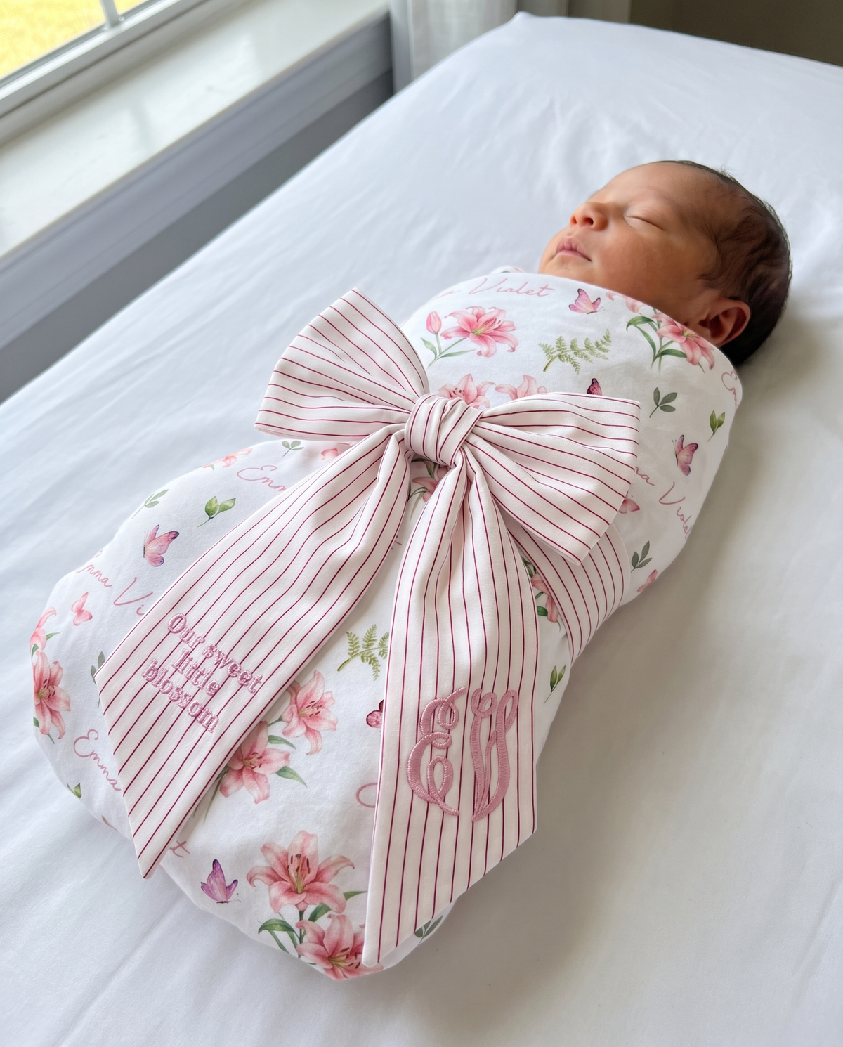 Embroidered Newborn Bow Sash in Striped Red