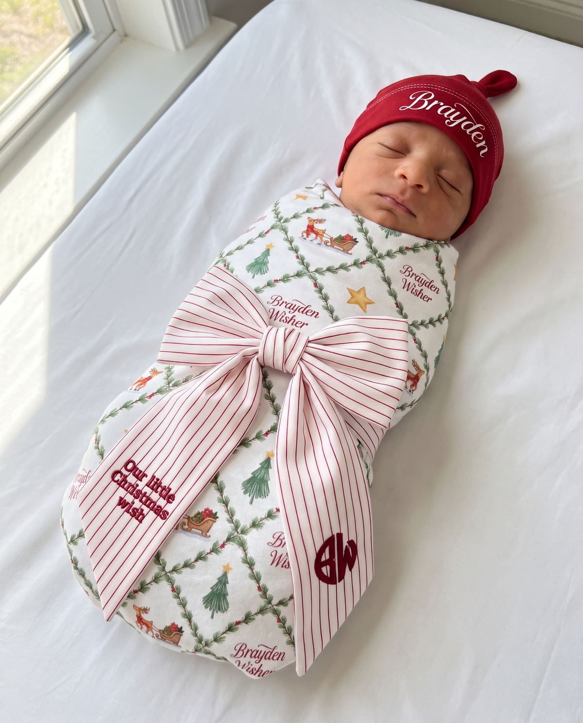 Embroidered Newborn Bow Sash in Striped Red