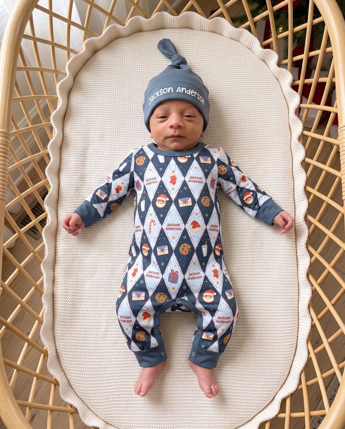 Personalized Long-sleeved Snap Romper in Dear Santa Blue