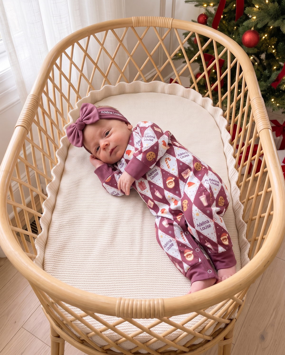 Personalized Long-sleeved Snap Romper in Dear Santa Pink