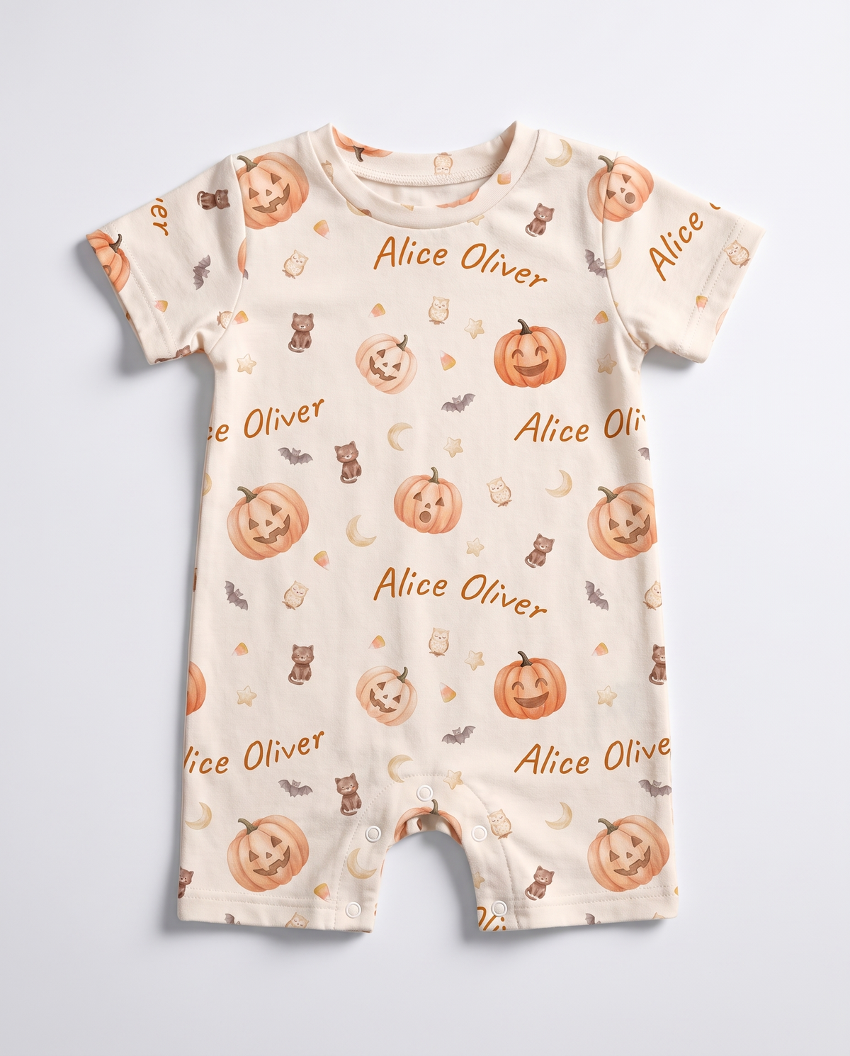 Personalized short-sleeve snap romper in Golden Jack print on white background