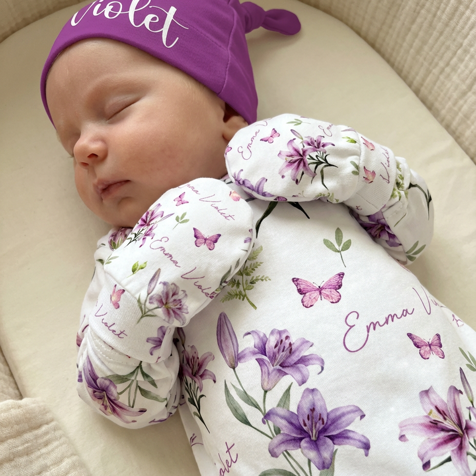 Personalized Mittens in Purple Lilys