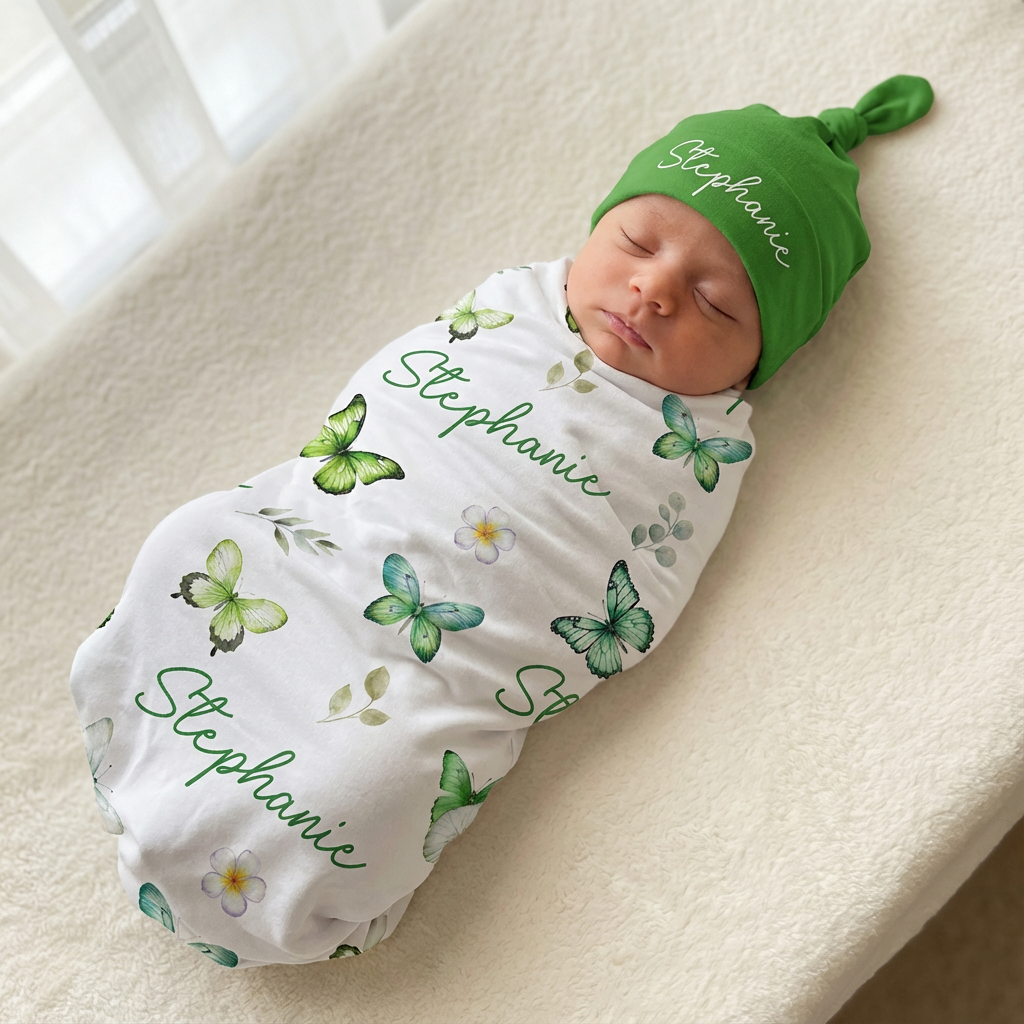 Personalized Swaddle in Green Butterfly