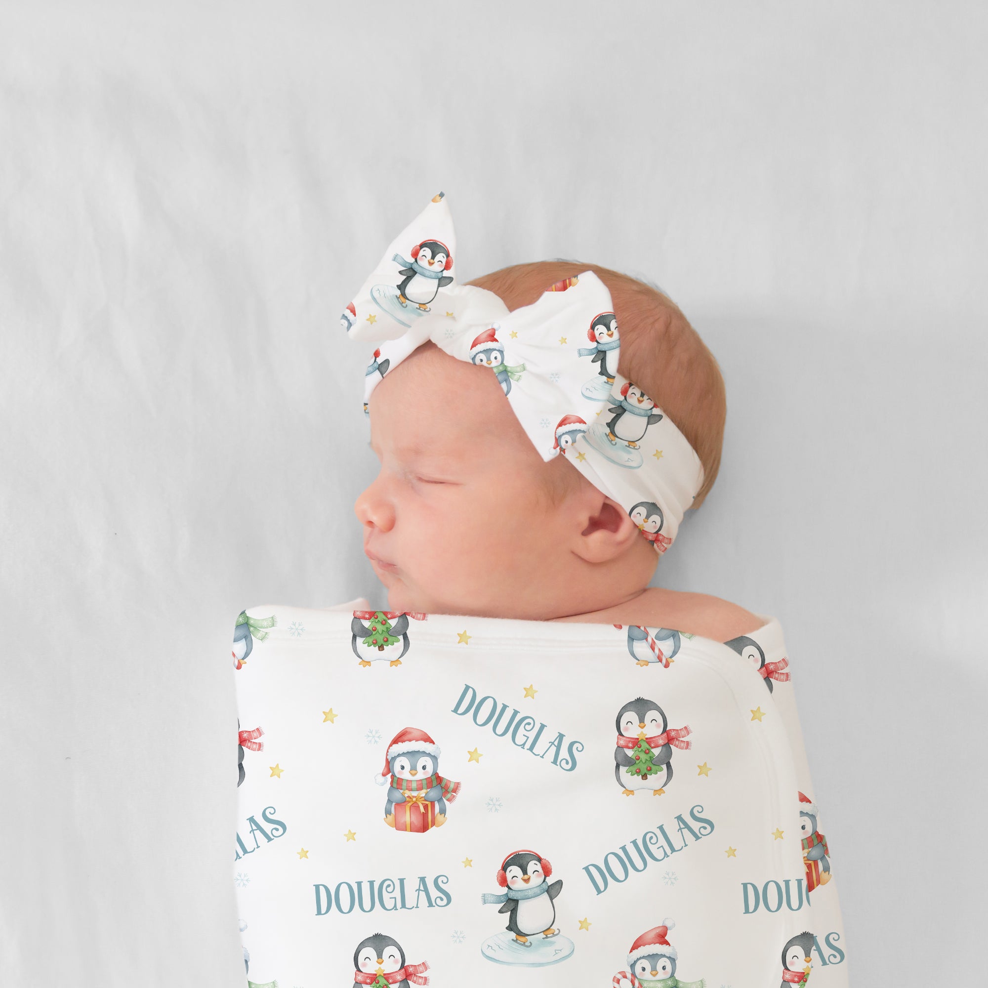 Personalized Bow Headband in Snow Penguin