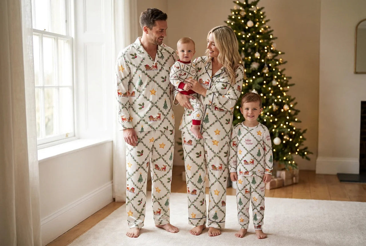 A family in matching North Trail Christmas pajamas by the Christmas tree, with the baby held in the middle