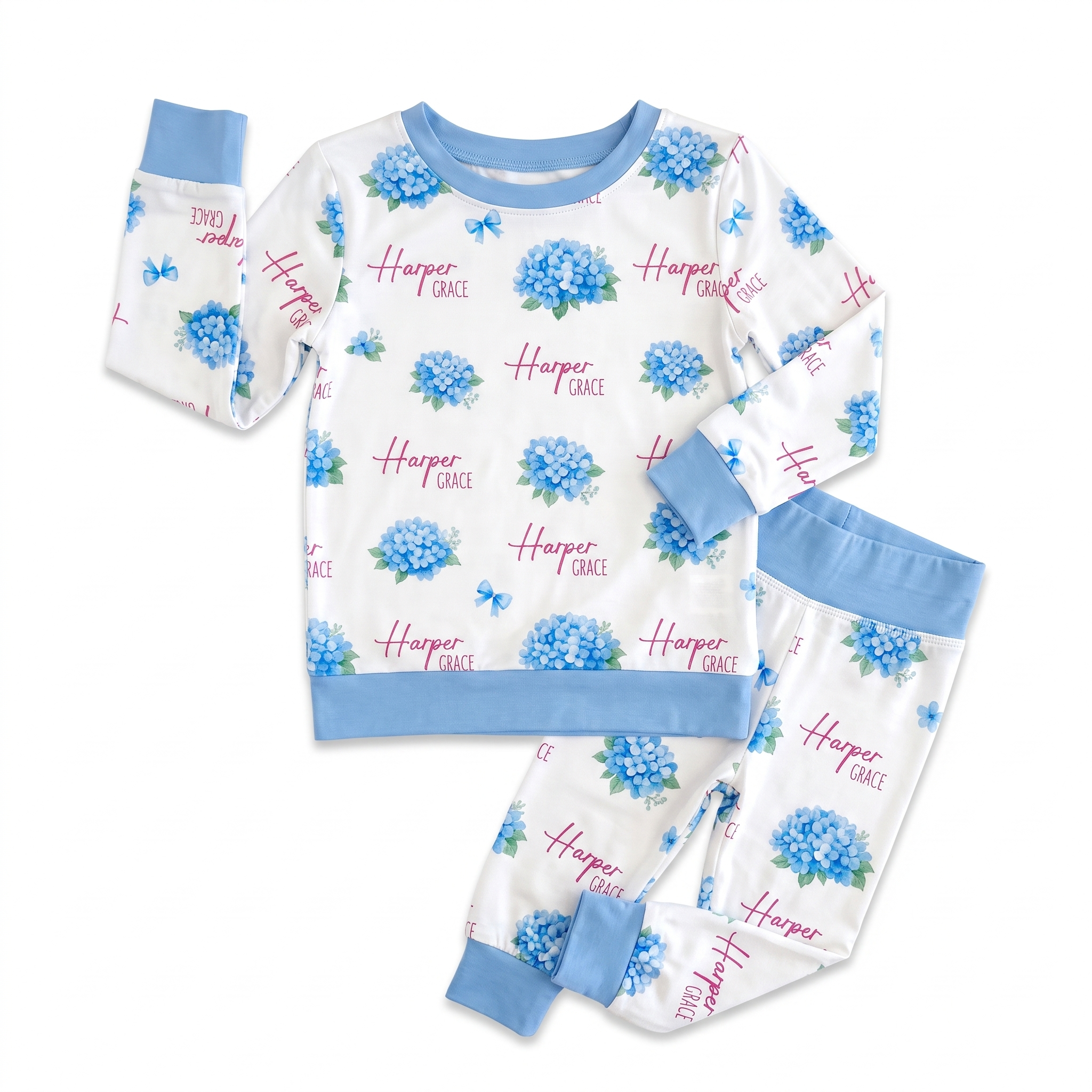 Personalized Pajama Set in Blue Hydrangea