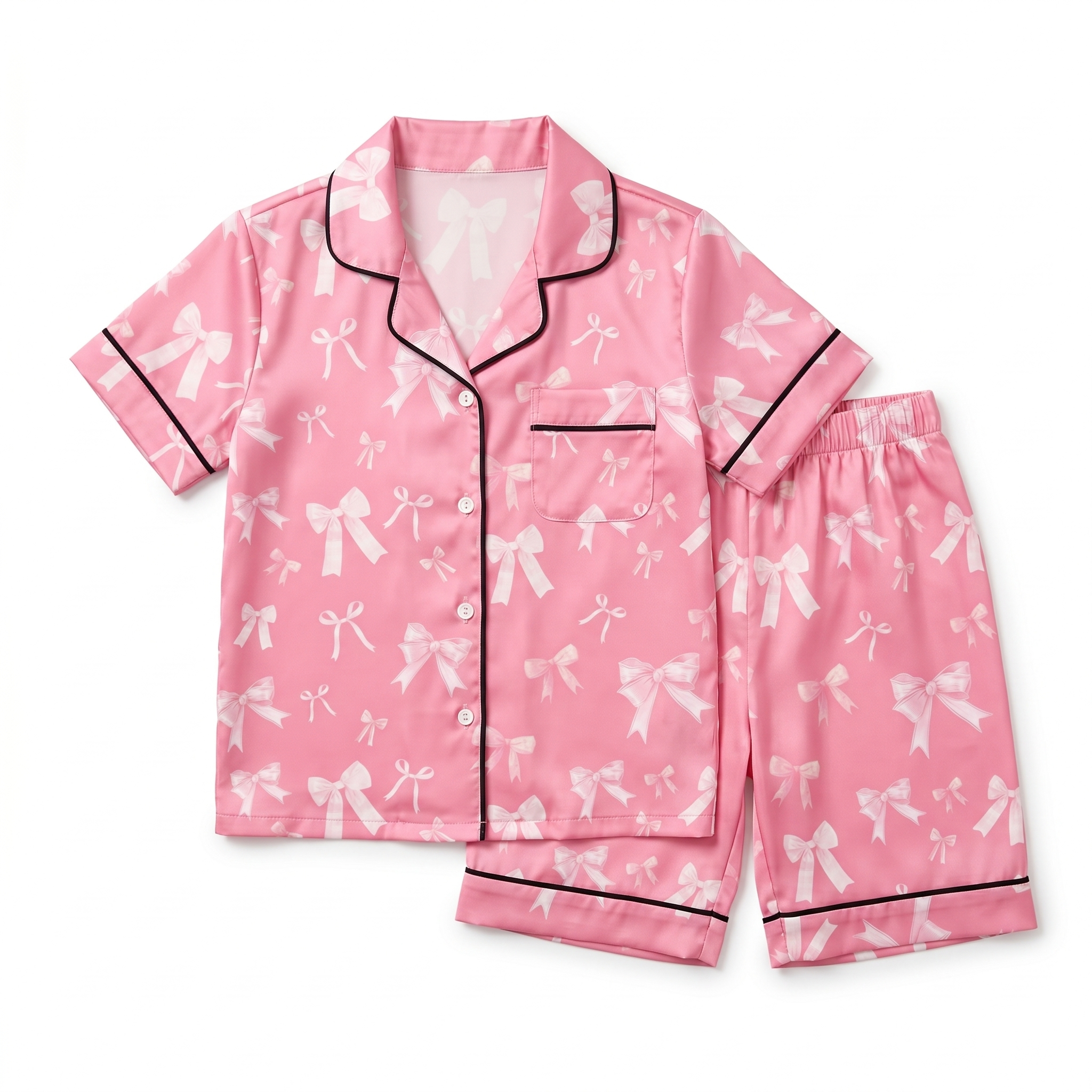 Short-sleeved Kid's Pajama Set in Pink Coquette Bow