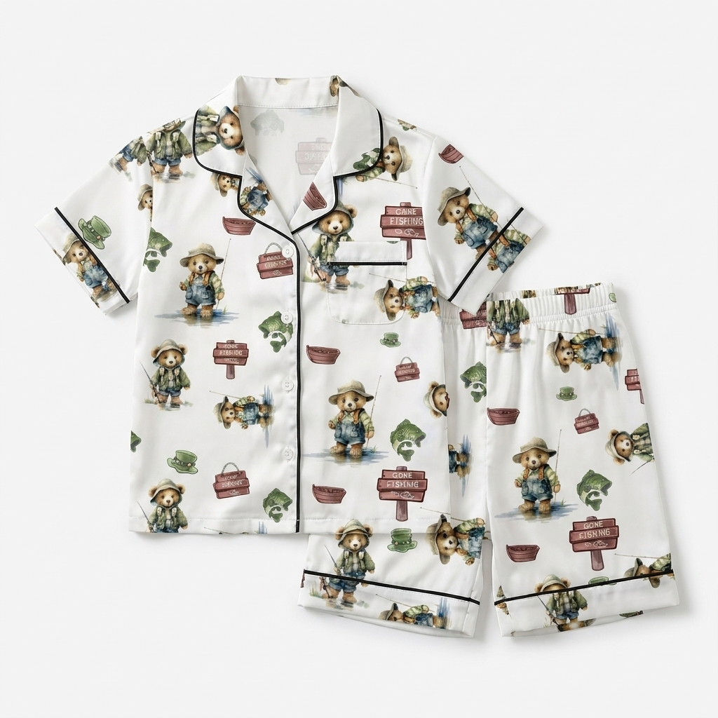 Short-sleeved Kid's Pajama Set in Bear Fishing