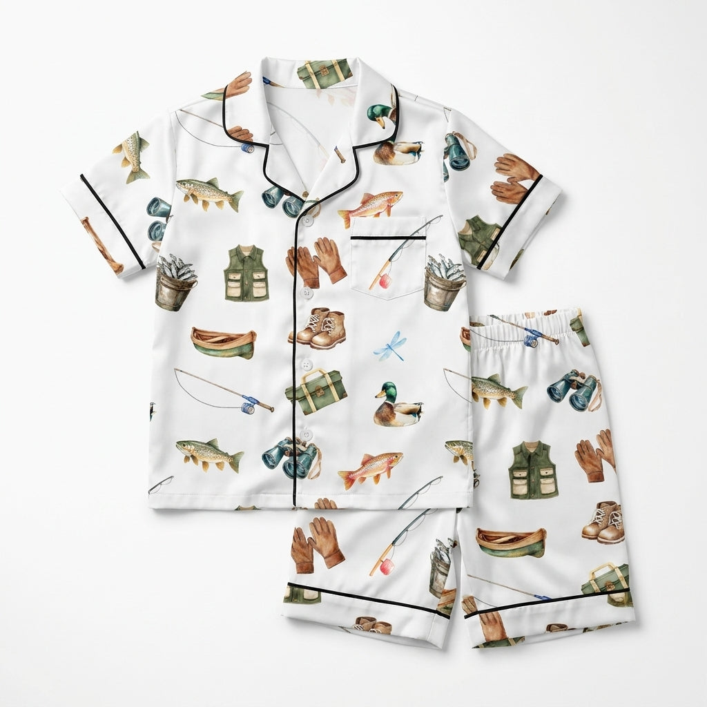 Short-sleeved Kid's Pajama Set in Fishing Buddy