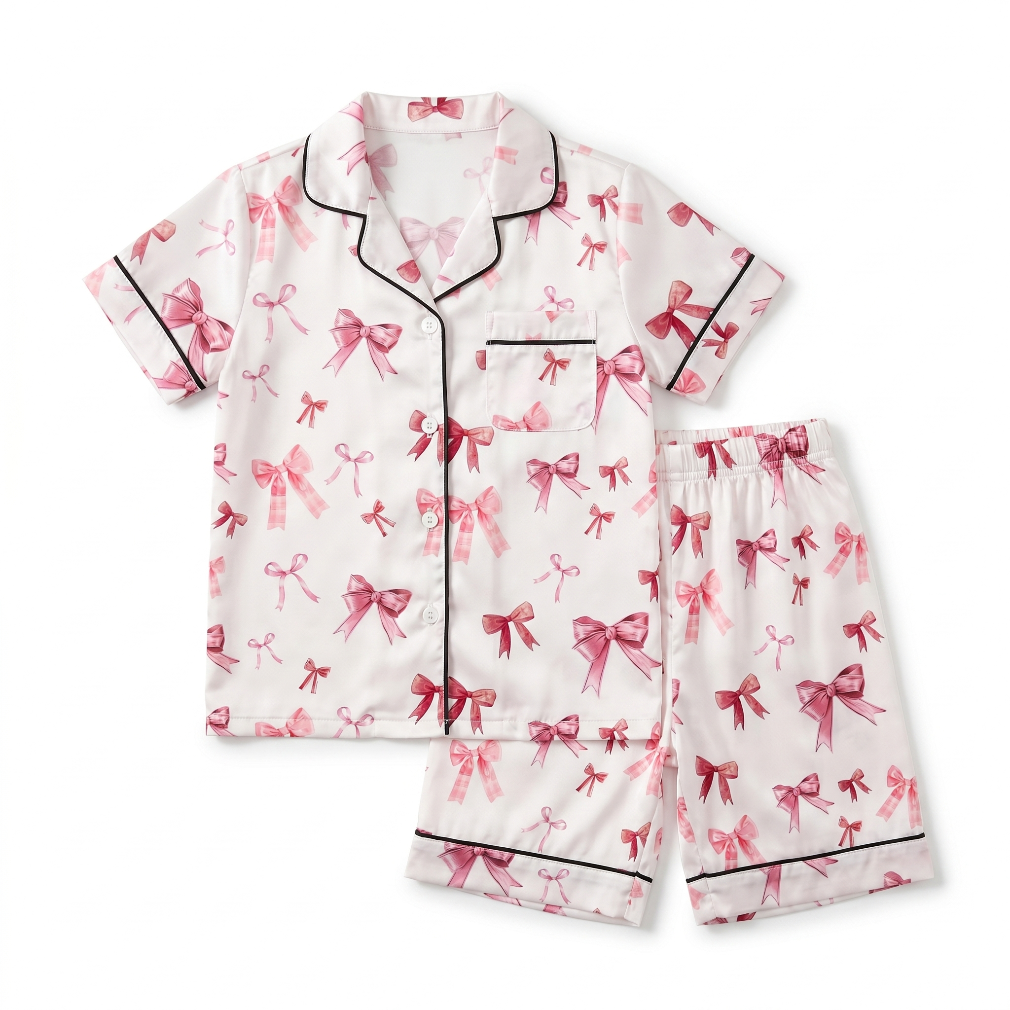 Short-sleeved Kid's Pajama Set in White Coquette Bow