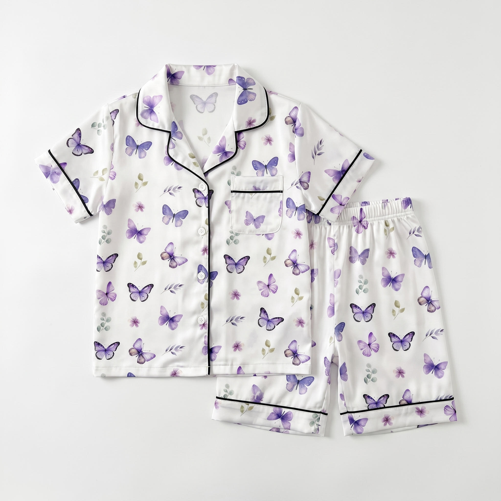 Short-sleeved Kid's Pajama Set in Purple Butterfly