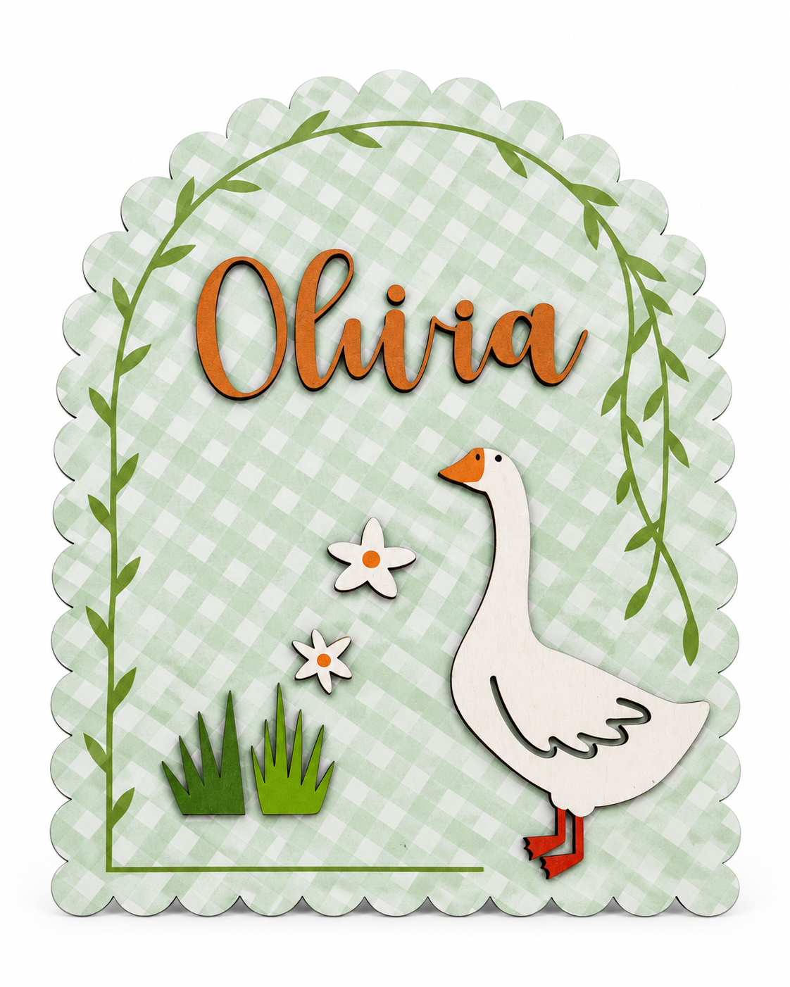 Little Goose personalized wood announcement sign on a white background, scalloped arch in sage gingham with a raised wooden goose and engraved name