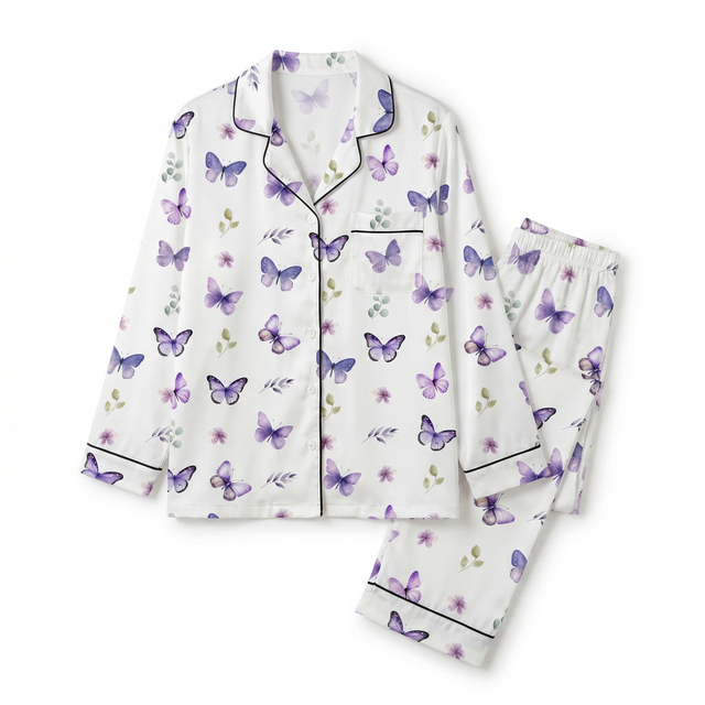 Long-sleeved Kid's Pajama Set in Purple Butterfly