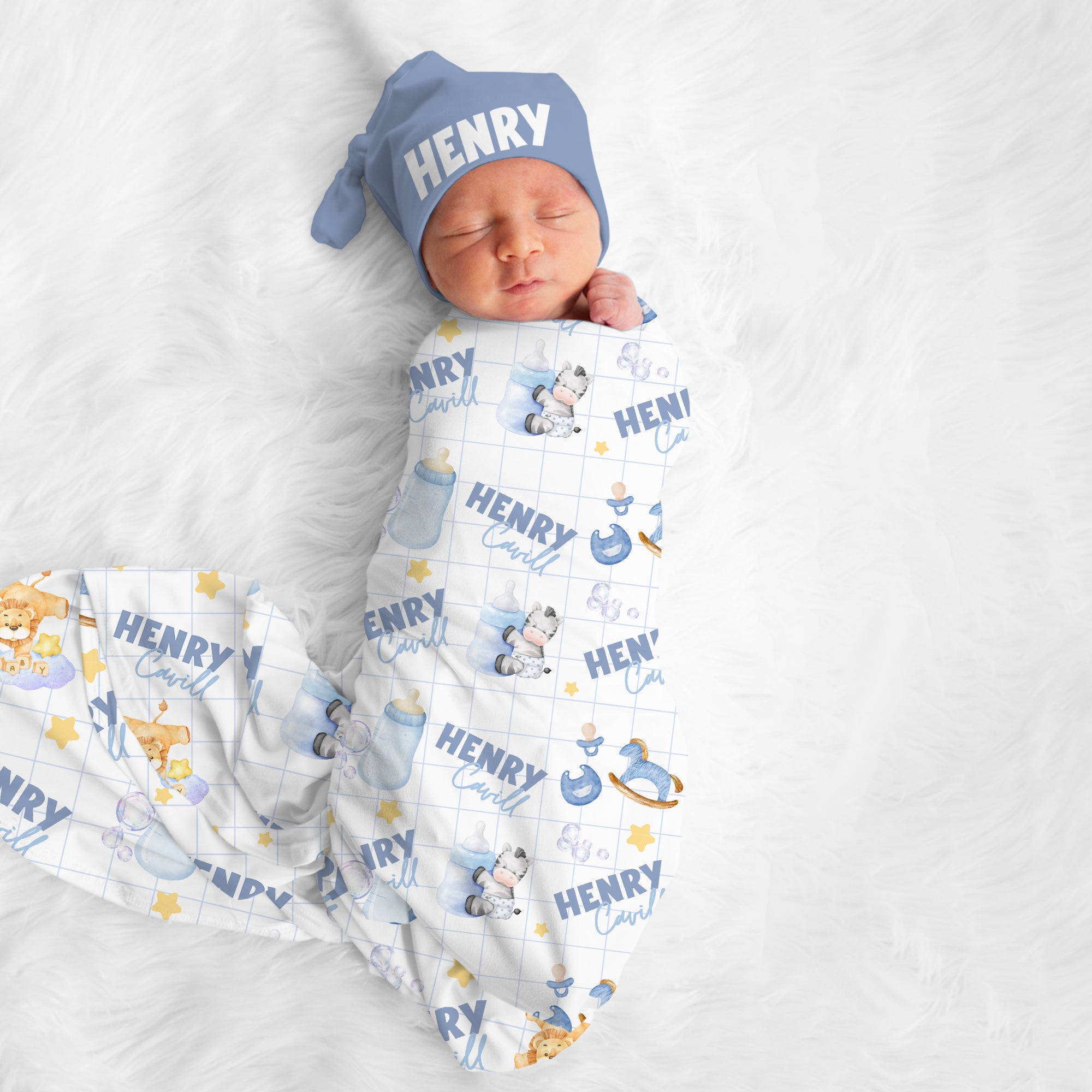 Personalized Swaddle in Blue Milk Drunk