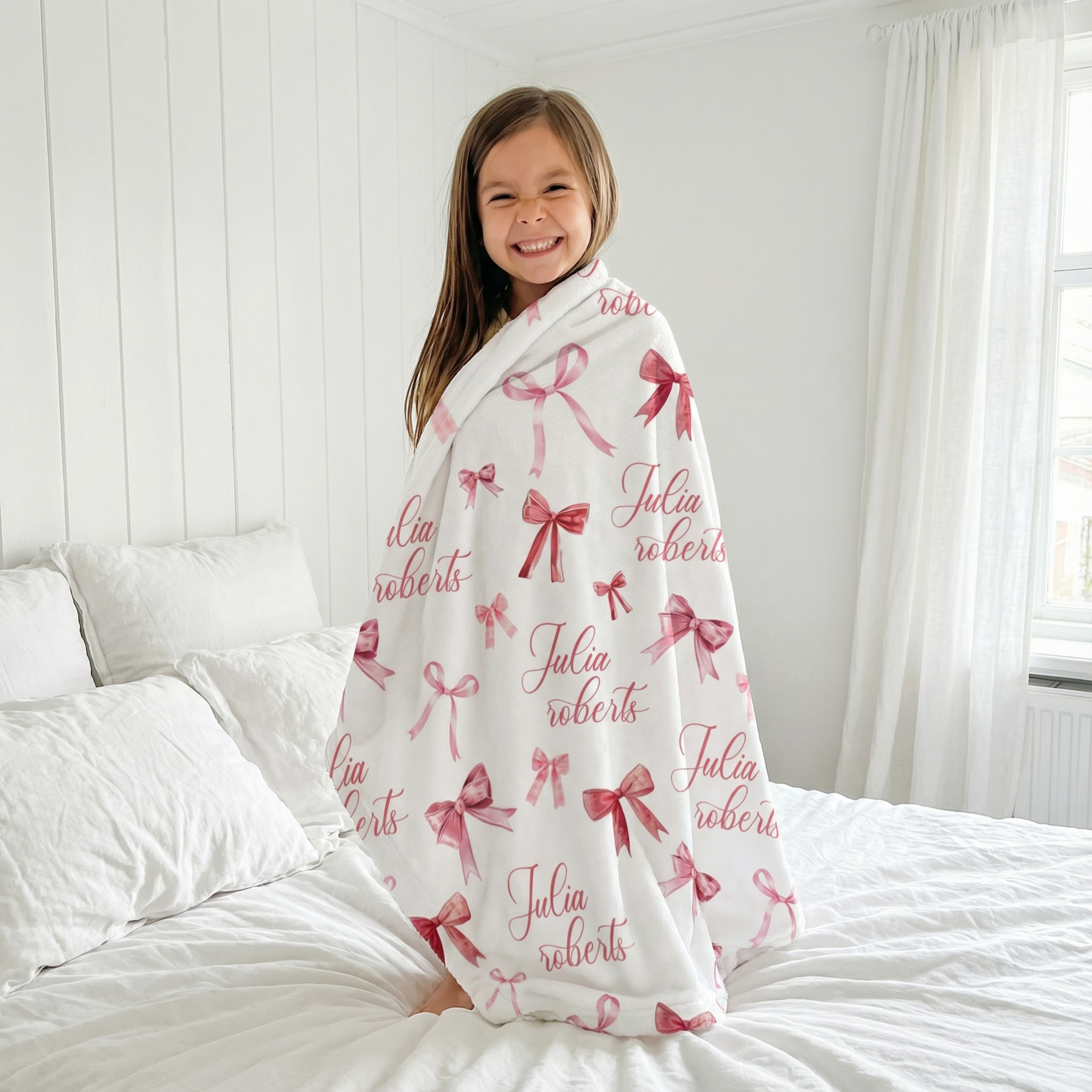 Personalized Blanket in White Coquette Bow