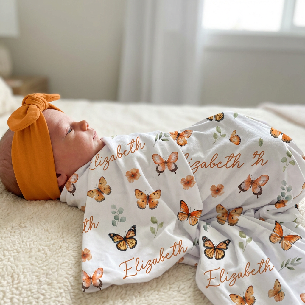 Personalized Swaddle in Orange Butterfly