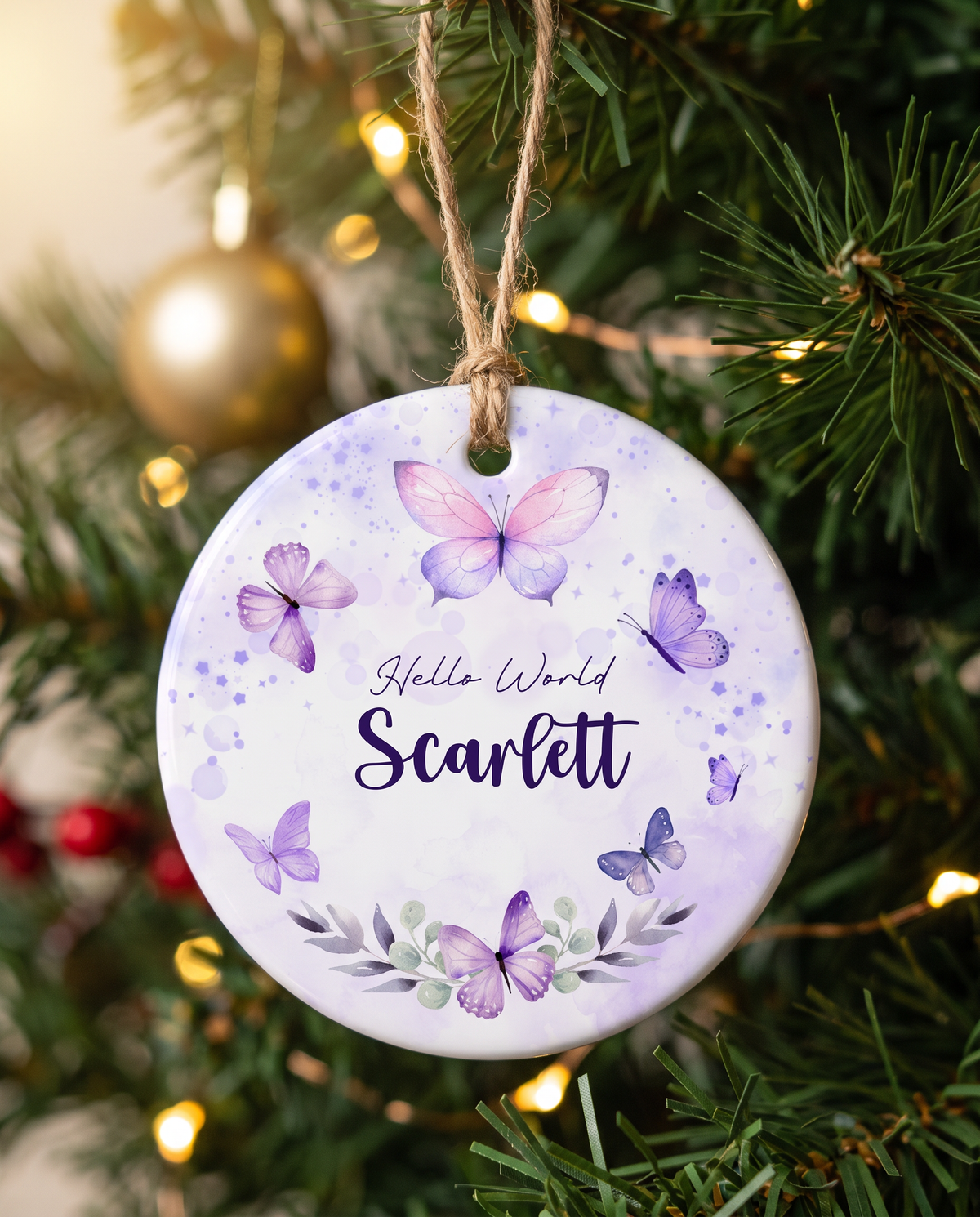 Personalized ceramic ornament in Purple Butterfly