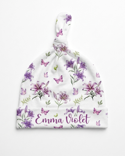 Personalized Knotted Hat in Purple Lilys