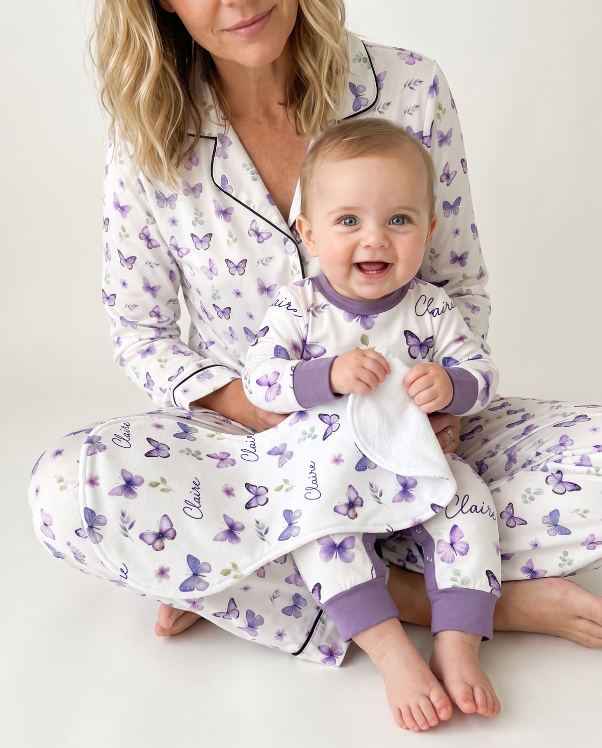Personalized Bib and Burp Cloth Set in Purple Butterfly