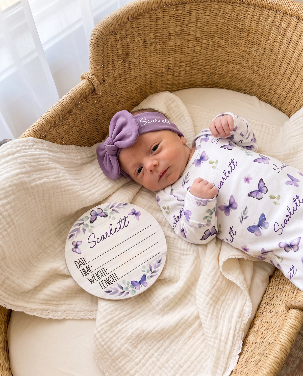 Birth Stats Sign in Purple Butterfly