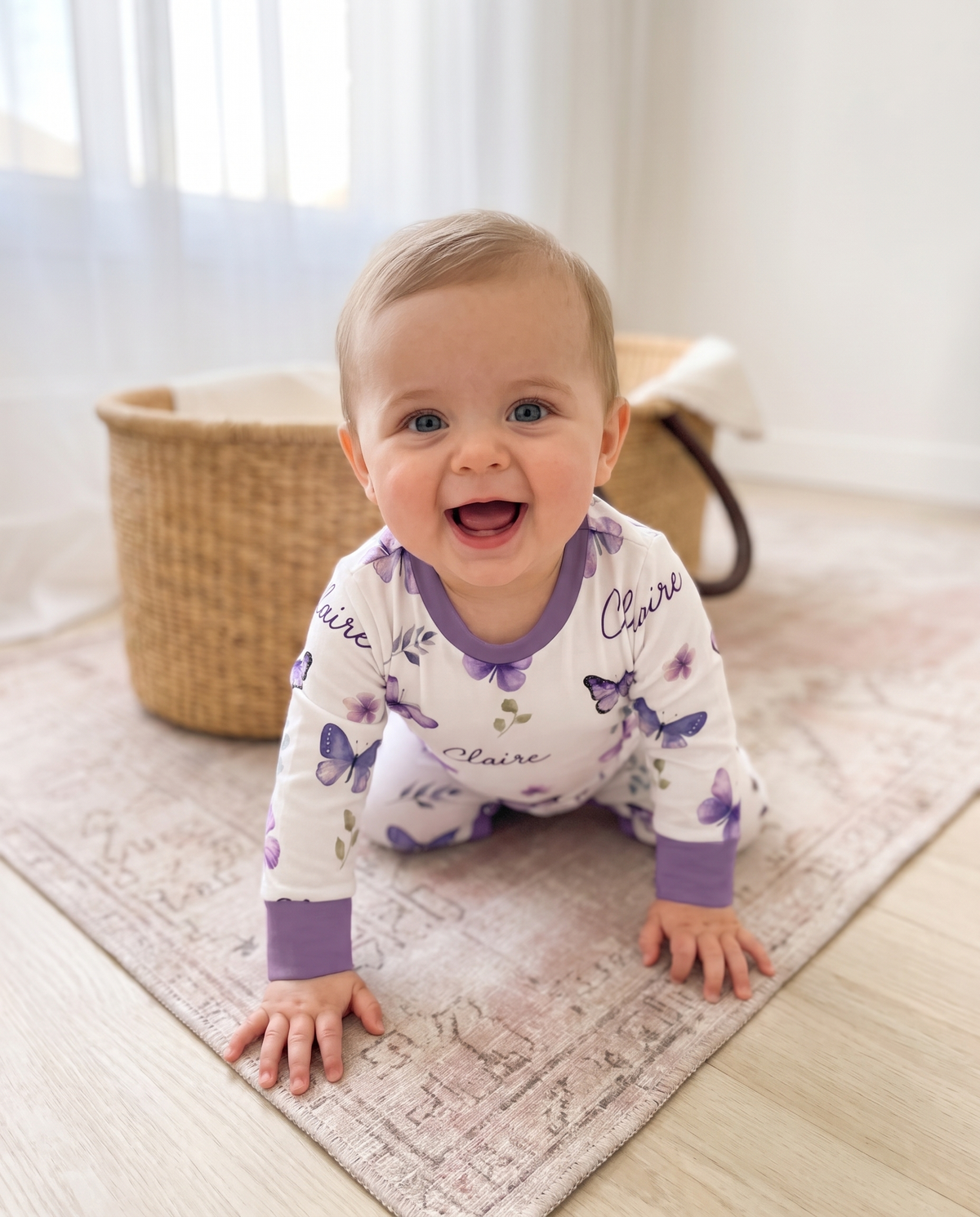 Personalized Long-sleeved Snap Romper in Purple Butterfly