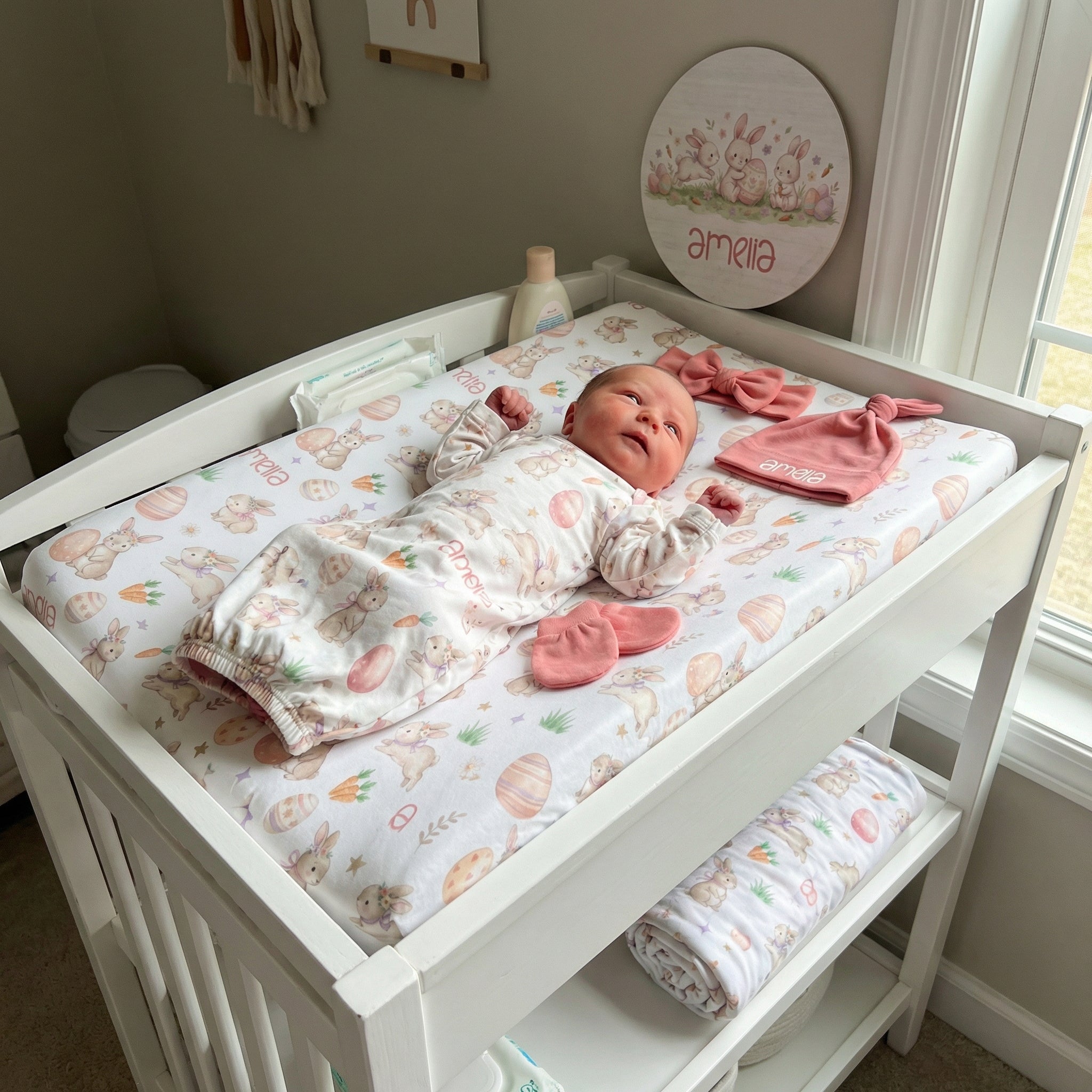 Personalized Changing Pad Cover in Pink Easter Eggs