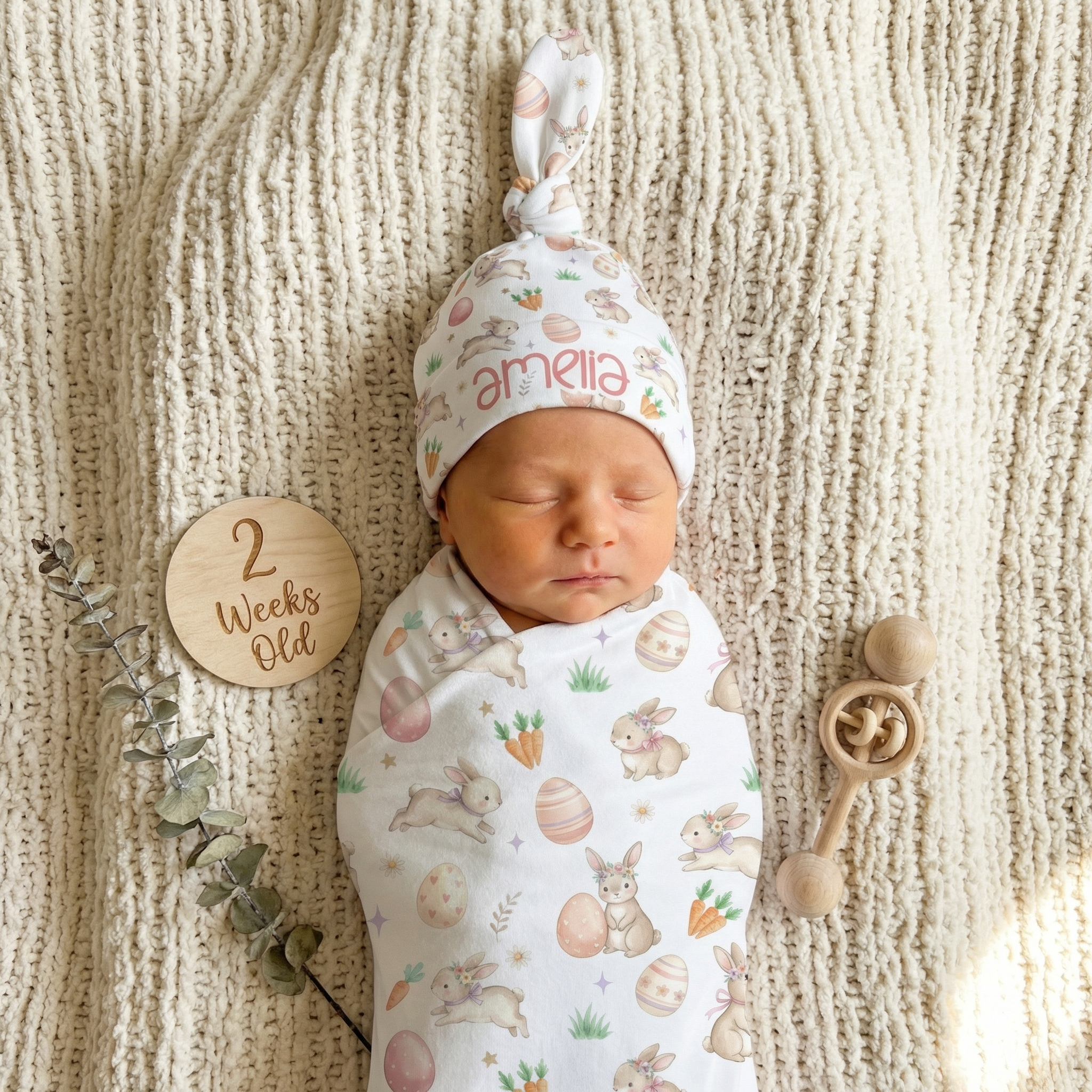 Personalized Knotted Hat in Pink Easter Eggs