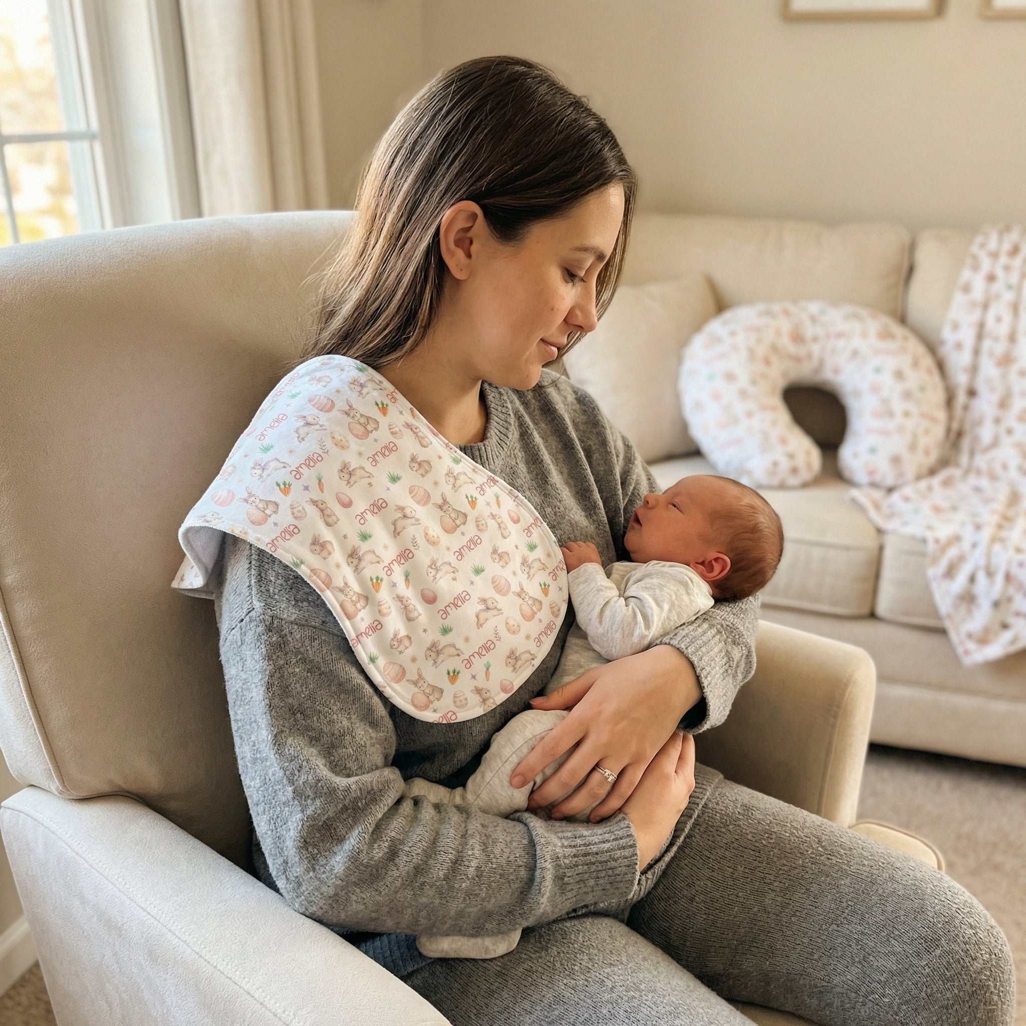 Personalized Bib and Burp Cloths in Pink Easter Eggs