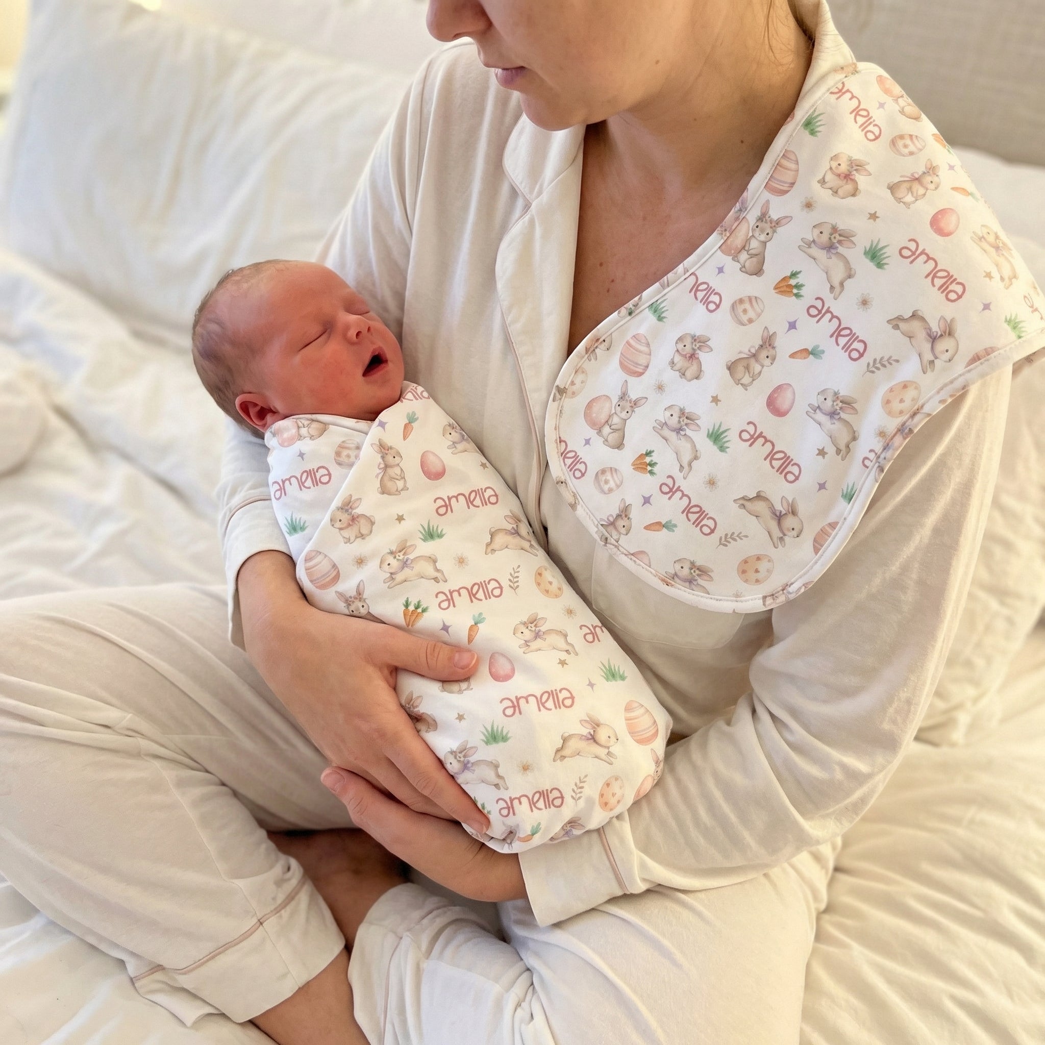 Personalized Bib and Burp Cloths in Pink Easter Eggs
