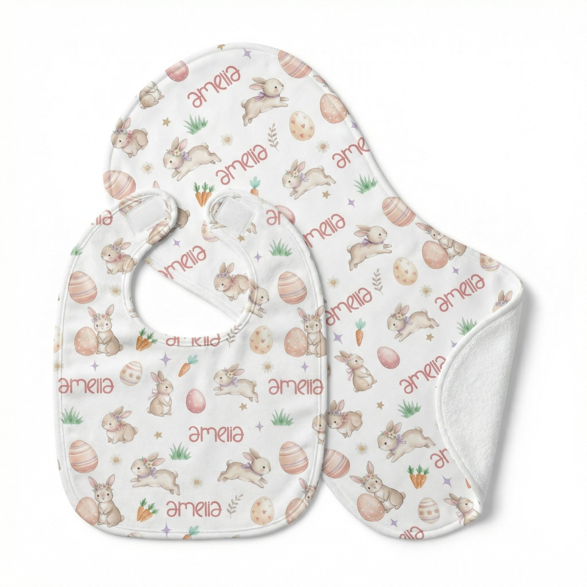 Personalized Bib and Burp Cloths in Pink Easter Eggs