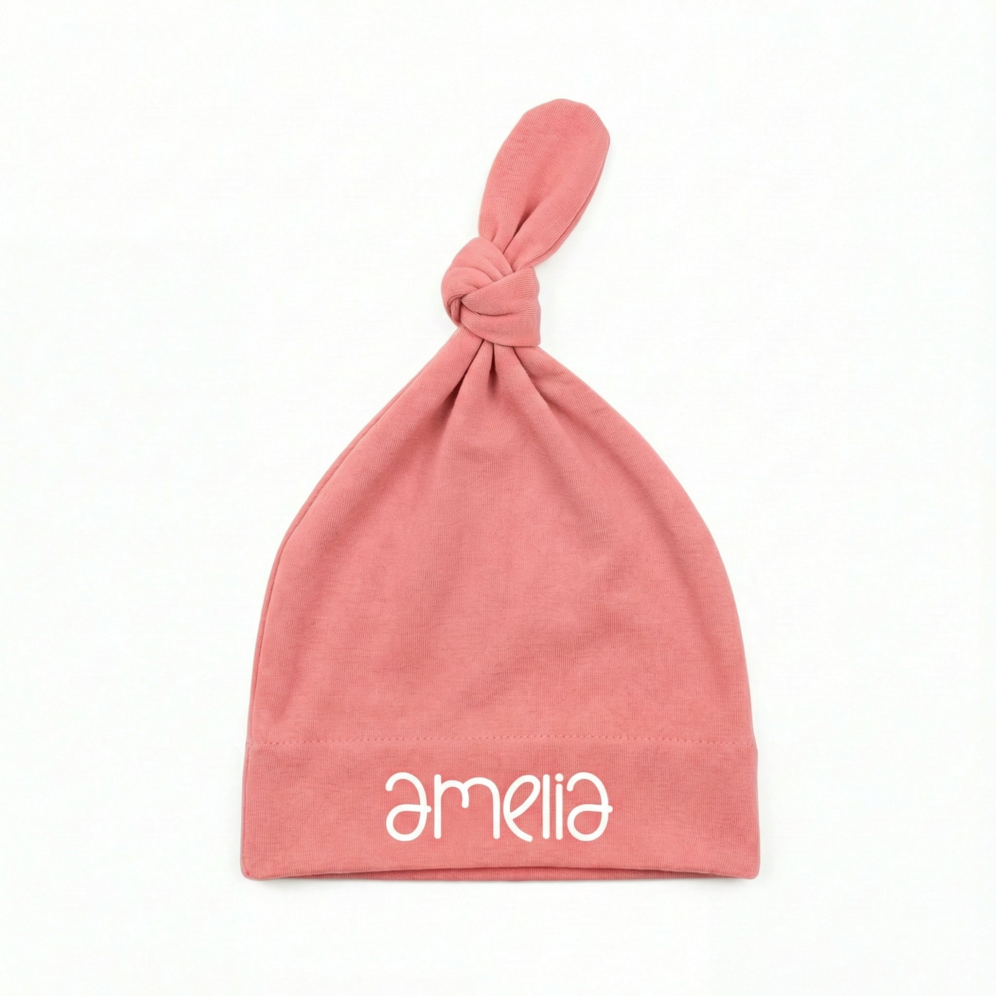 Personalized Knotted Hat in Coral Pink