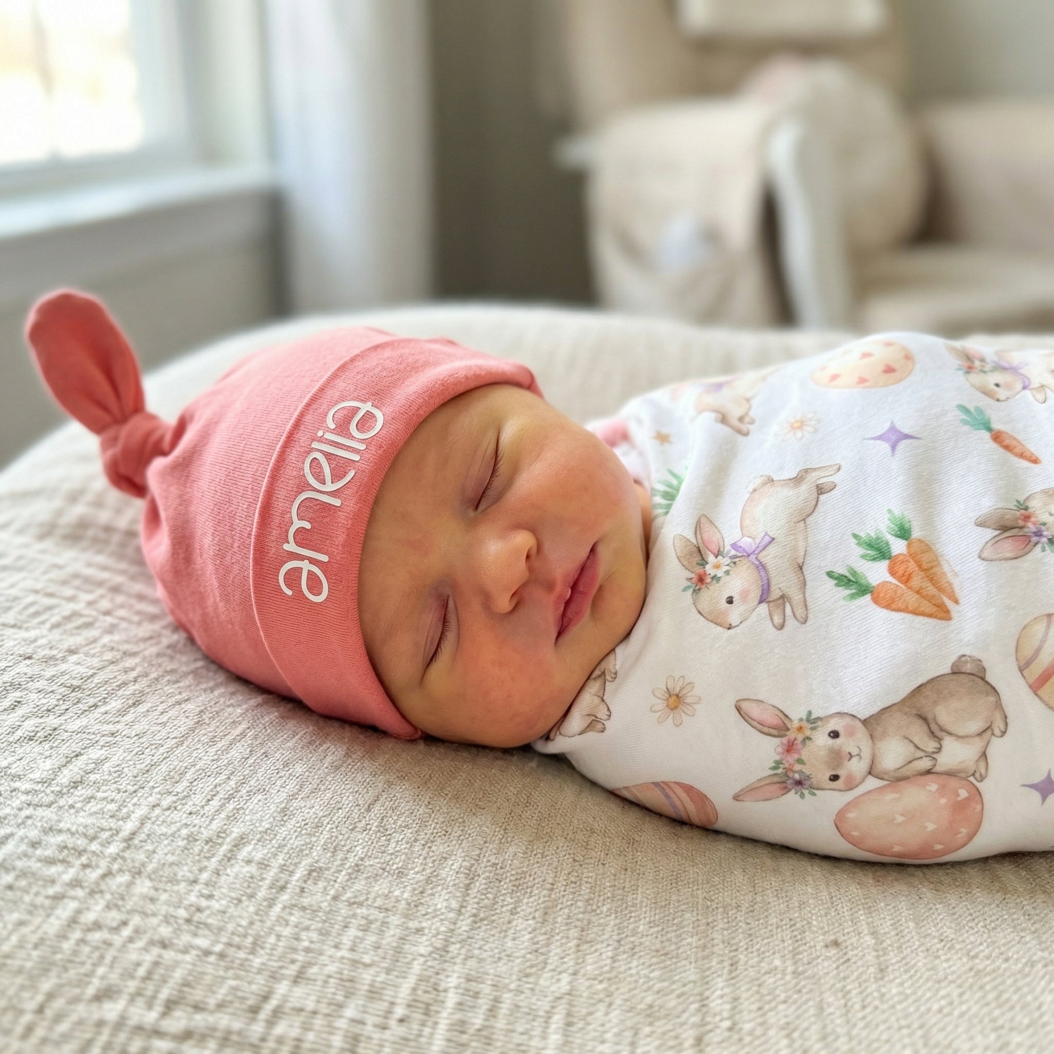 Personalized Knotted Hat in Coral Pink