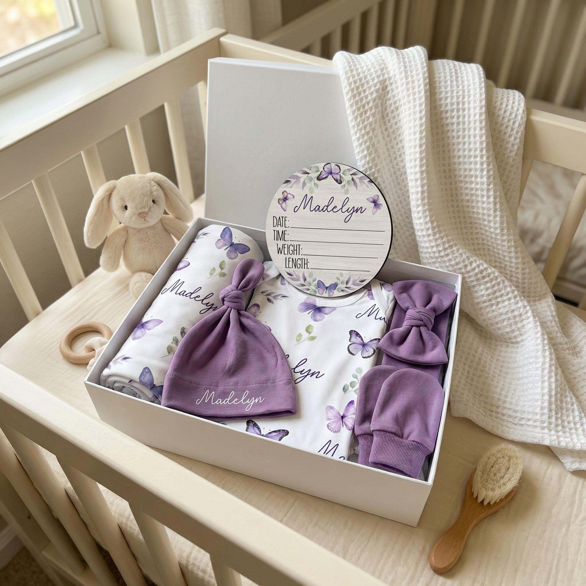 Birth Stats Sign in Purple Butterfly