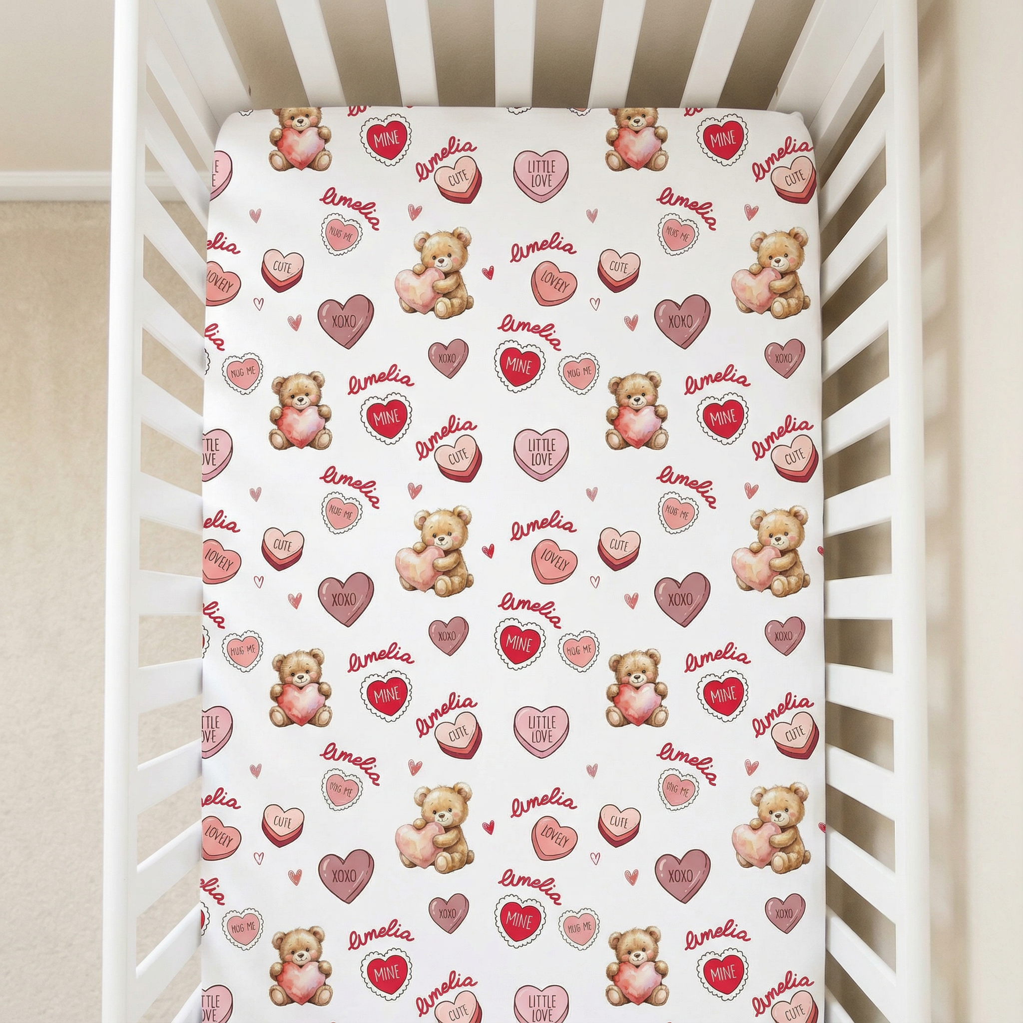 Personalized Crib Sheet in Red Sweet Heart