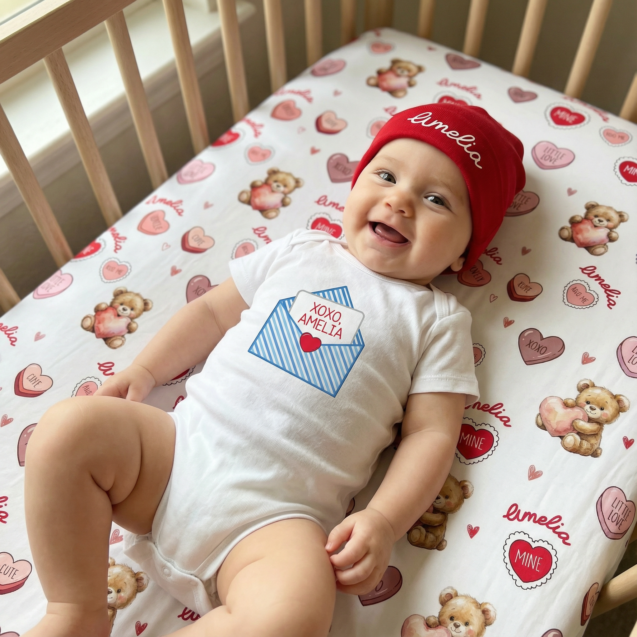Personalized Crib Sheet in Red Sweet Heart
